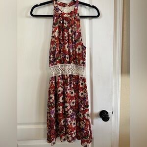 Miss Me Rust Cream Purple Floral Sleeveless Midi Dress w/Lacey Eyelet.   Size XS